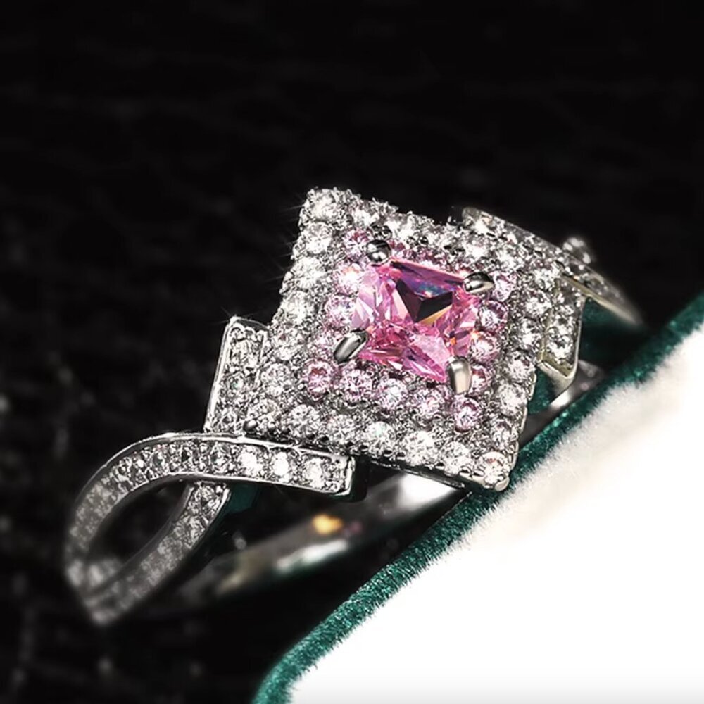 NEW 14k White Gold Sterling Silver Diamond Ring Pink Sapphire Ring - Picture 3 of 8